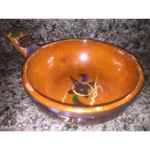 Mexican Red Clay Pottery Bowl with Handle Terracotta Made In Mexico Stamp